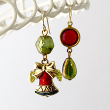 Load image into Gallery viewer, Pair of festive earrings with red and green beads against a white background
