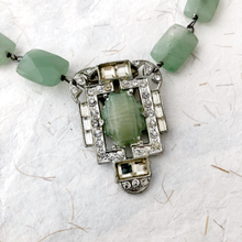 Load image into Gallery viewer, close-up of art deco rhinestone set pendant with green faceted aventurine bead chain