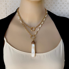 Load image into Gallery viewer, necklace with mother of pearl pendant and beads with gold chain displayed as a double stranded necklace on a mannequin