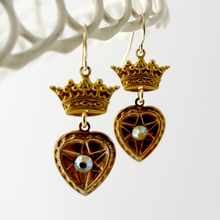 Load image into Gallery viewer, Gold heart-shaped earrings with crowns on a white background