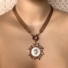 Load image into Gallery viewer, necklace made with vintage Maltese cross pendant, chain and clasp displayed on a mannequin