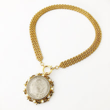 Load image into Gallery viewer, front opening necklace with replica American silver dollar in vintage brooch setting with vintage brick chain flat on a white background