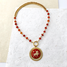 Load image into Gallery viewer, vintage zodiac resin cameo in vintage pendant setting with carnelian beads and gold chain