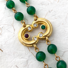 Load image into Gallery viewer, detail of bracelet focal showing suffragette coloured rhinestones and vintage Lucite beads