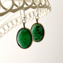 Load image into Gallery viewer, upcycled vintage Peking glass scarab earrings hanging from a white frame