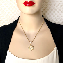 Load image into Gallery viewer, Mannequin wearing a gold necklace with a banjo pendant against a patterned background
