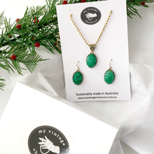 Load image into Gallery viewer, Peking glass pendant and earring matched set on a My Vintage Obsession card, surrounded by Christmas greenery, tissue paper and gift box.