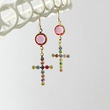 Load image into Gallery viewer, Earrings with cross design with multicolored rhinestones on a white background