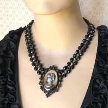 Load image into Gallery viewer, reimagined vintage victorian gothic cameo necklace with vintage Czech glass beads displayed on a mannequin