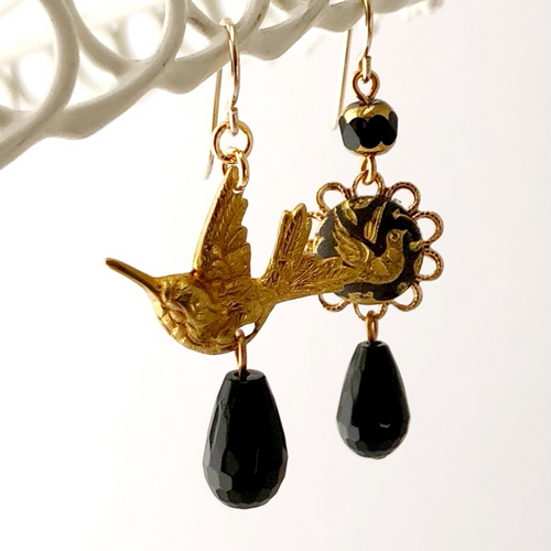 earrings with vintage birds, one in faux damascene and black onyx drops