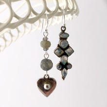 Load image into Gallery viewer, asymmetric earrings in silver and blue colours containing Labradorite and Blue Moonstone hanging from a white frame
