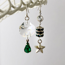 Load image into Gallery viewer, silver and emerald asymmetric earrings with chandelier crystal and star hanging against a white background
