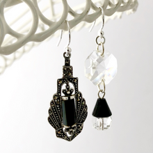 Load image into Gallery viewer, asymmetric earrings with marcasite and sterling silver Art Deco style drop, vintage crystal beads and chandelier crystal hanging from a wire frame
