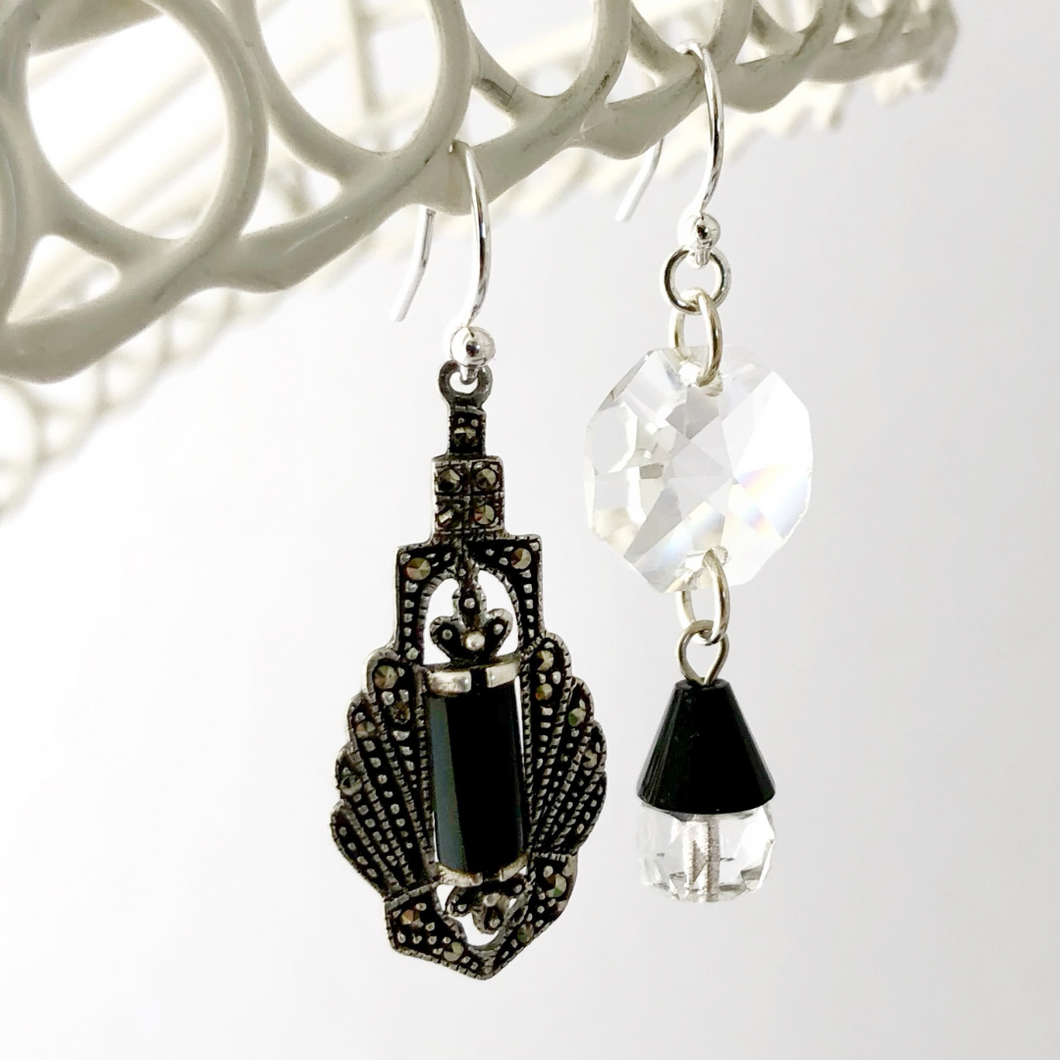 asymmetric earrings with marcasite and sterling silver Art Deco style drop, vintage crystal beads and chandelier crystal hanging from a wire frame