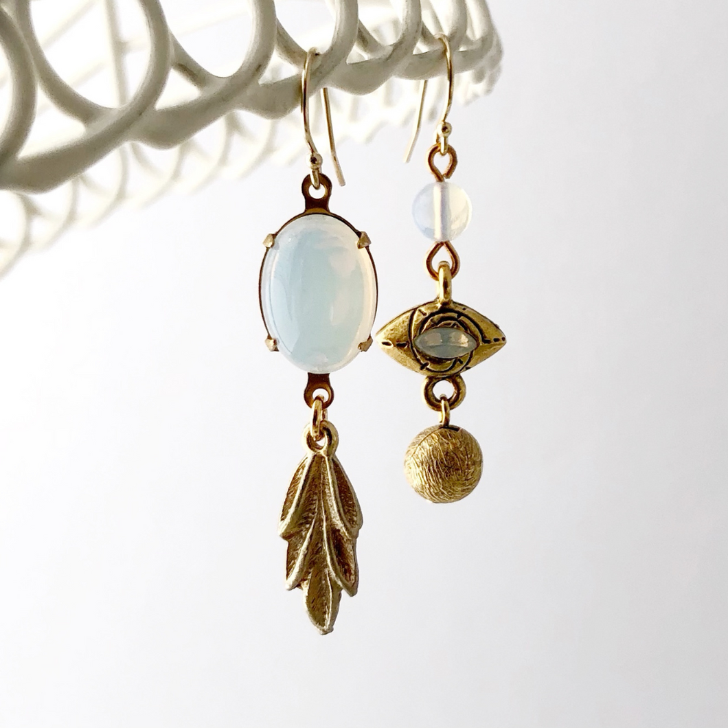 Asymmetric vintage white opal glass earrings