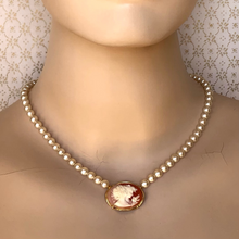 Load image into Gallery viewer, pearl and cameo necklace displayed on a mannequin
