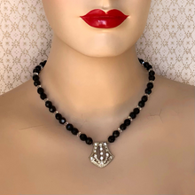 Load image into Gallery viewer, mannequin wearing necklace in black and crystal with vintage rhinestone set focal

