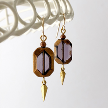 Load image into Gallery viewer, vintage amethyst glass stone earrings with gold edges and a brass dangle
