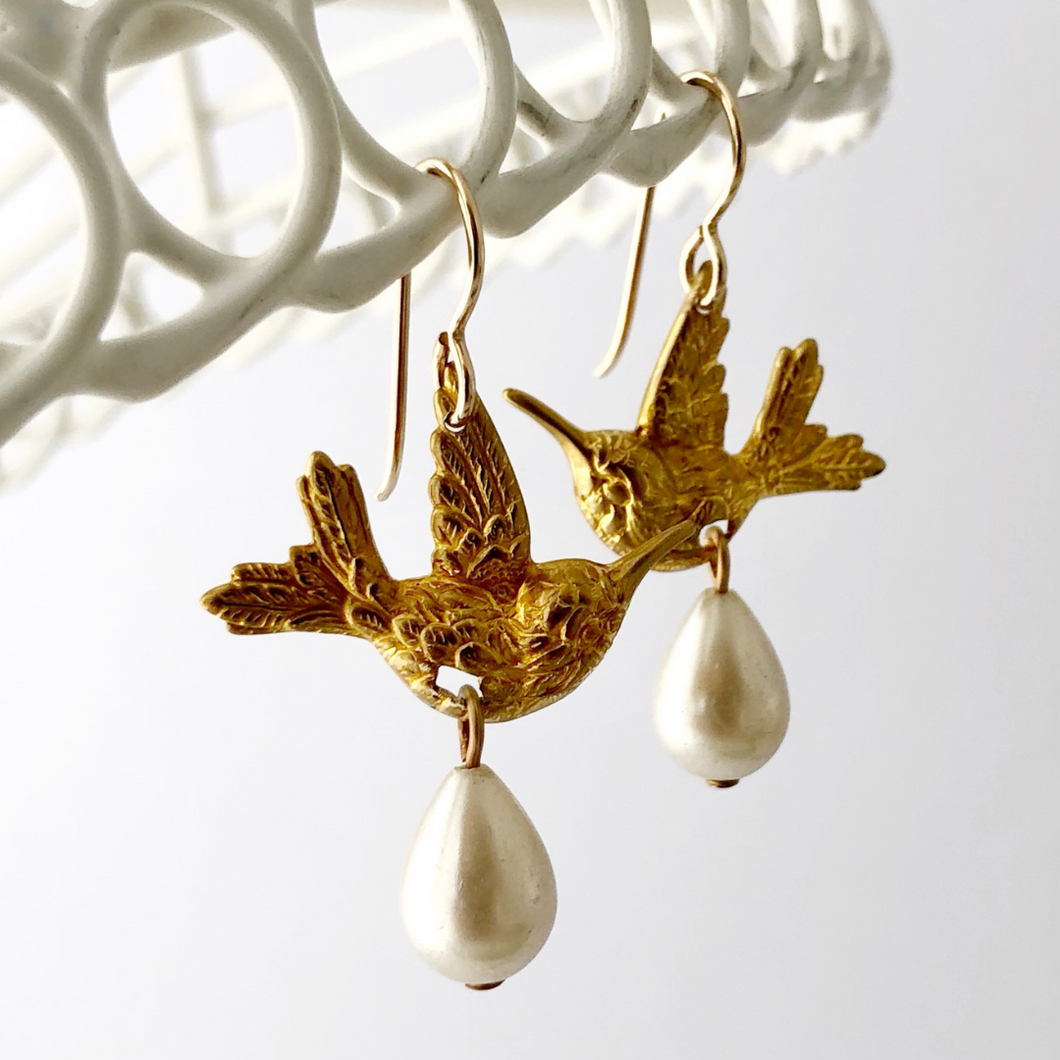 Vintage bird and pearl drop earrings