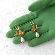 Load image into Gallery viewer, Vintage bird and pearl drop earrings
