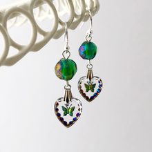 Load image into Gallery viewer, earrings made with glass intaglio stones incised with irridescent butterflies
