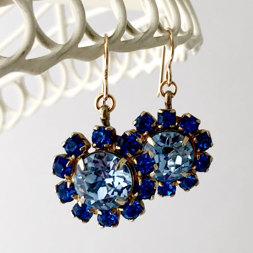 beautiful upcycled vintage light and dark sapphire rhinestone earrings