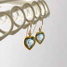 Load image into Gallery viewer, earrings made with Swarovski channel-set aqua rhinestones in a heart shape
