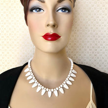 Load image into Gallery viewer, a necklace of repurposed vintage milk glass beads displayed on a mannequin
